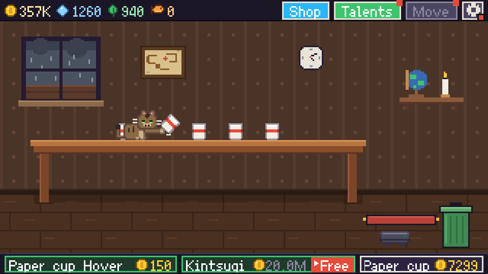 A tabby cat on the table, mid-swat, with paper cups lined up.